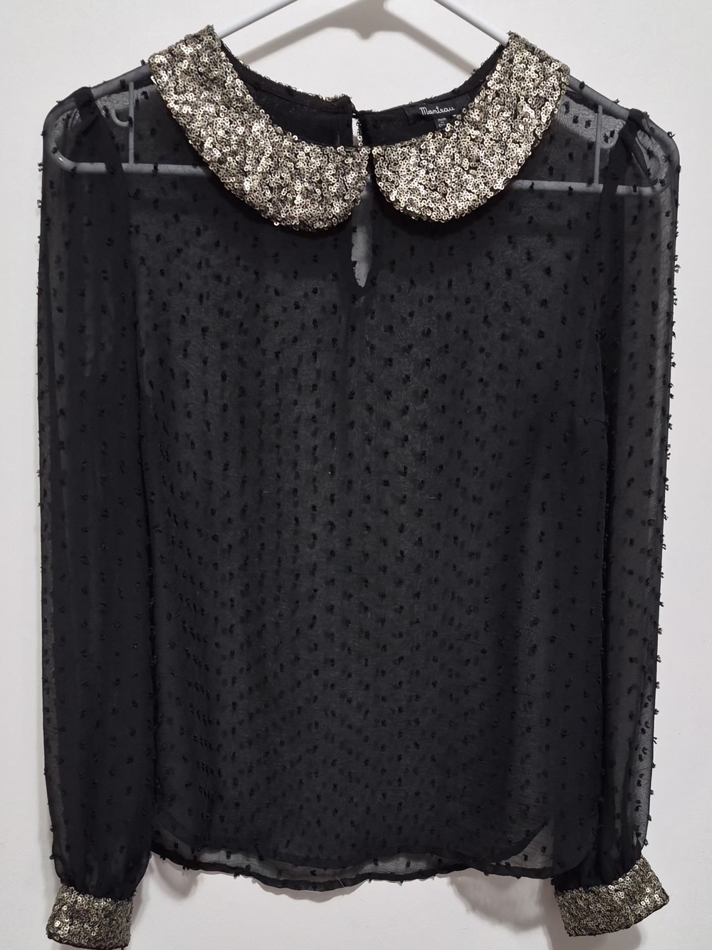 Monteau Black Sheer Blouse with Gold Sequin Peter Pan Collar